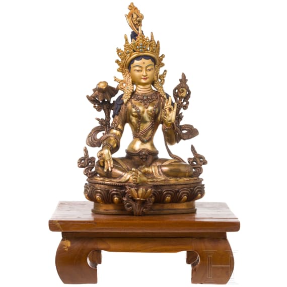 A Tibetan/Nepalese Green Tara with turquoise inserts, 20th century