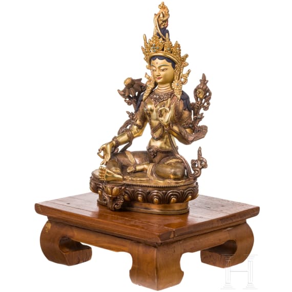 A Tibetan/Nepalese Green Tara with turquoise inserts, 20th century