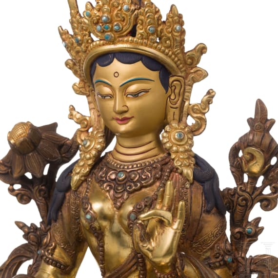 A Tibetan/Nepalese Green Tara with turquoise inserts, 20th century