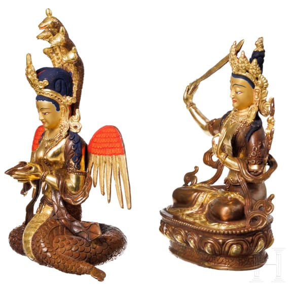 Two Nepalese bronze figures, Naga Kanya and Manjushri, 20th century