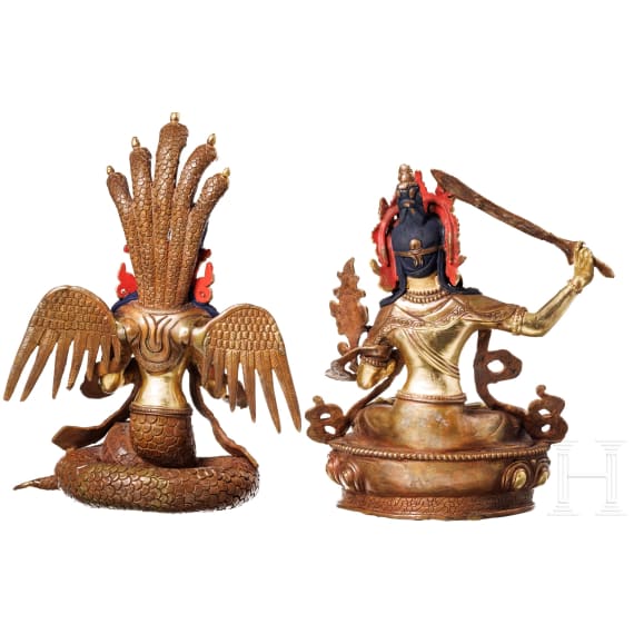 Two Nepalese bronze figures, Naga Kanya and Manjushri, 20th century