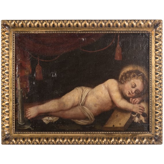 A oil painting showing sleeping Christ Child amongst memento mori symbols, German, 1st half of the 18th century