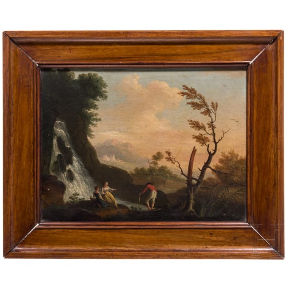 Romantic Landscape with Fishermen at a Waterfall, French, 18th century