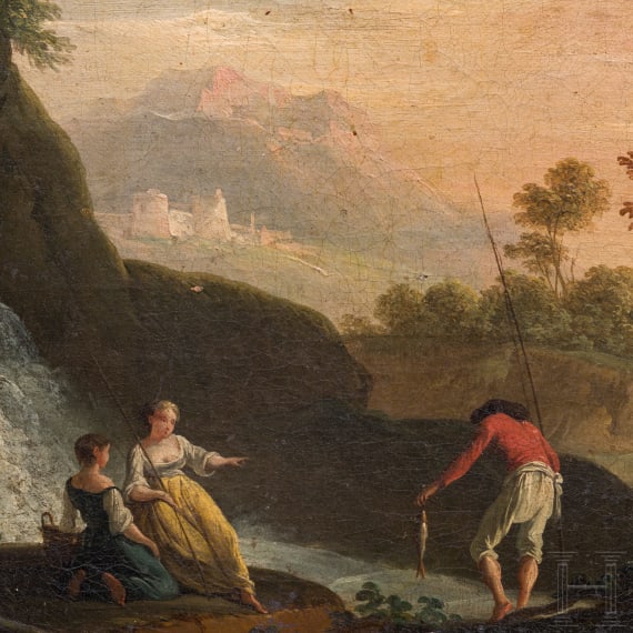 Romantic Landscape with Fishermen at a Waterfall, French, 18th century