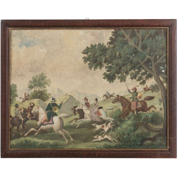 The Pleasure of Hunting - a hunting scene, gouache/canvas, German or Austrian, circa 1900