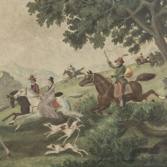 The Pleasure of Hunting - a hunting scene, gouache/canvas, German or Austrian, circa 1900