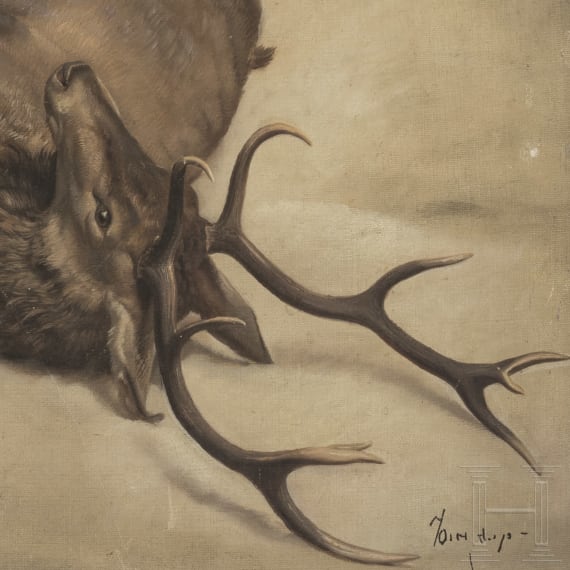 Deer in the Snow, oil/board, German or Czech, 20th century