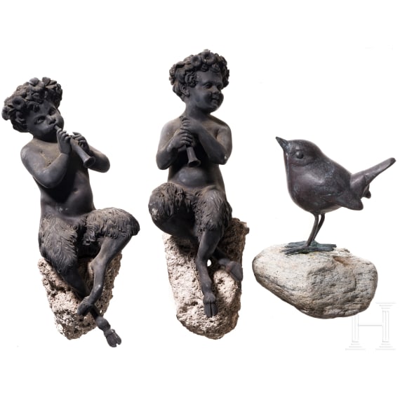Three German bronzes of a pair of fauns and a blackbird, circa 1900