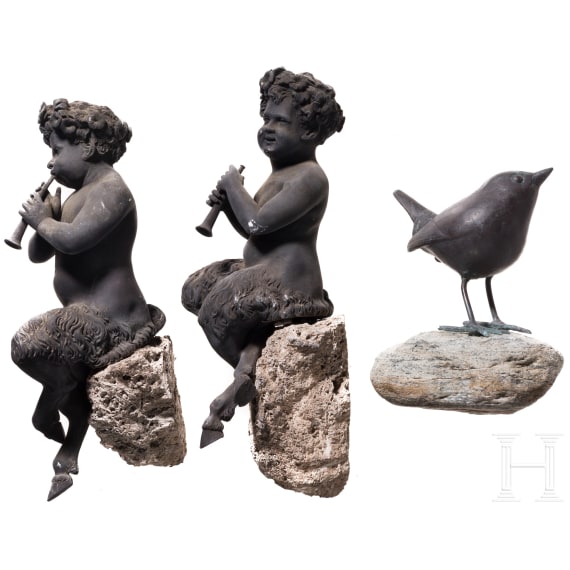 Three German bronzes of a pair of fauns and a blackbird, circa 1900
