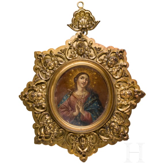 Our Lady painted on copper with brass frame and cherubs, circa 1800