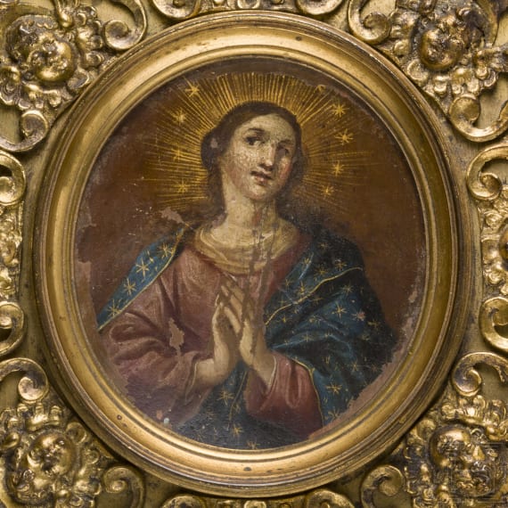 Our Lady painted on copper with brass frame and cherubs, circa 1800