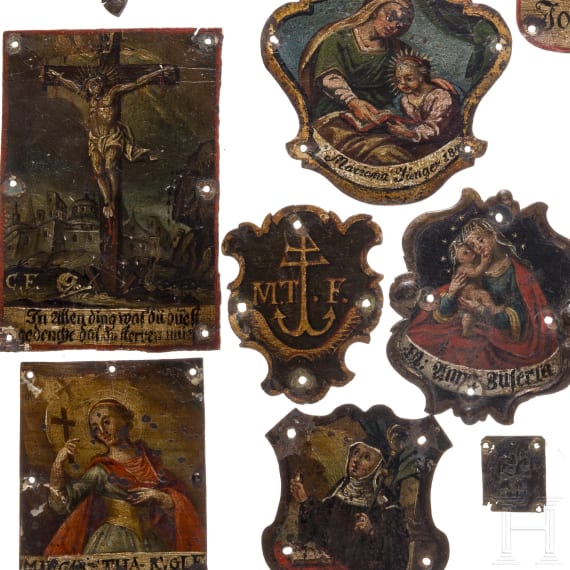 14 painted iron and brass plaques (badges), some dated, 18th/19th century