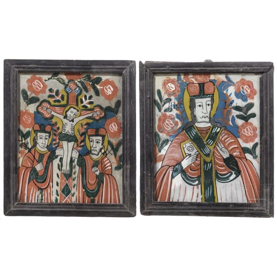 Two Transylvanian reverse glass paintings of Saint Nicholas and the Crucifixion, Nicula, late 19th century