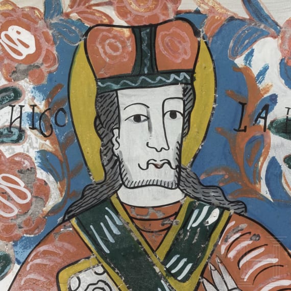 Two Transylvanian reverse glass paintings of Saint Nicholas and the Crucifixion, Nicula, late 19th century