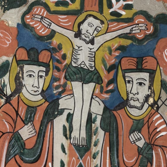 Two Transylvanian reverse glass paintings of Saint Nicholas and the Crucifixion, Nicula, late 19th century