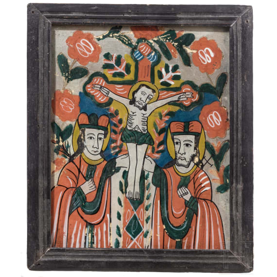 Two Transylvanian reverse glass paintings of Saint Nicholas and the Crucifixion, Nicula, late 19th century