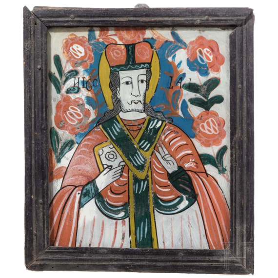 Two Transylvanian reverse glass paintings of Saint Nicholas and the Crucifixion, Nicula, late 19th century
