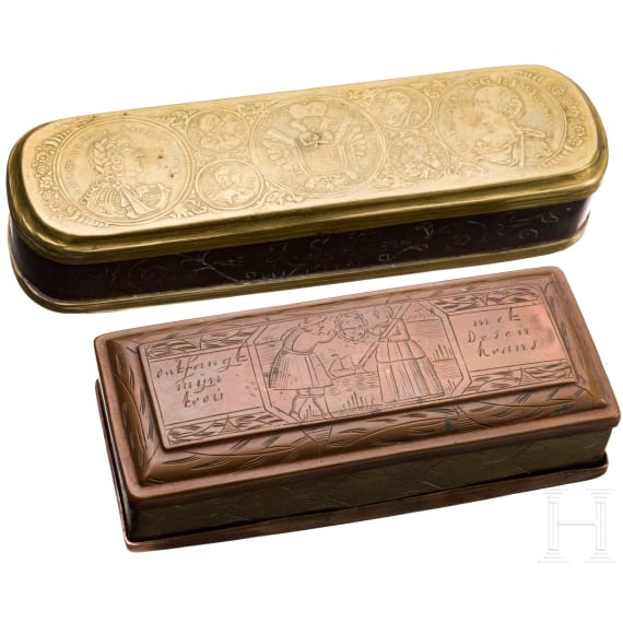 Two brass and copper tobacco boxes, Iserlohn and Dutch, mid-18th century