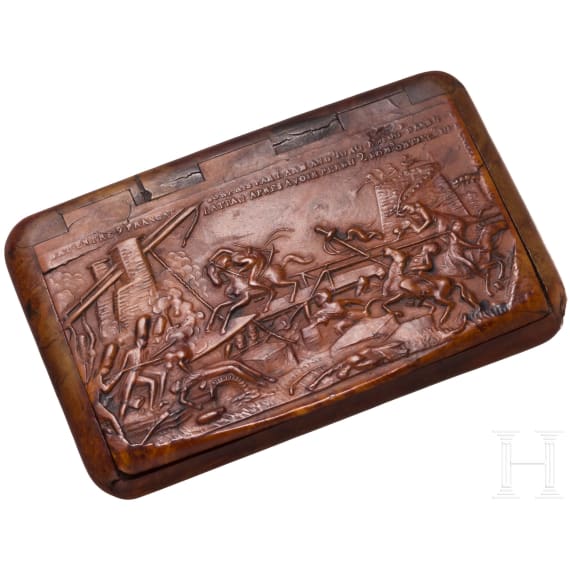 A French pressed wood and tortoise shell snuff box with battle scene, circa 1815
