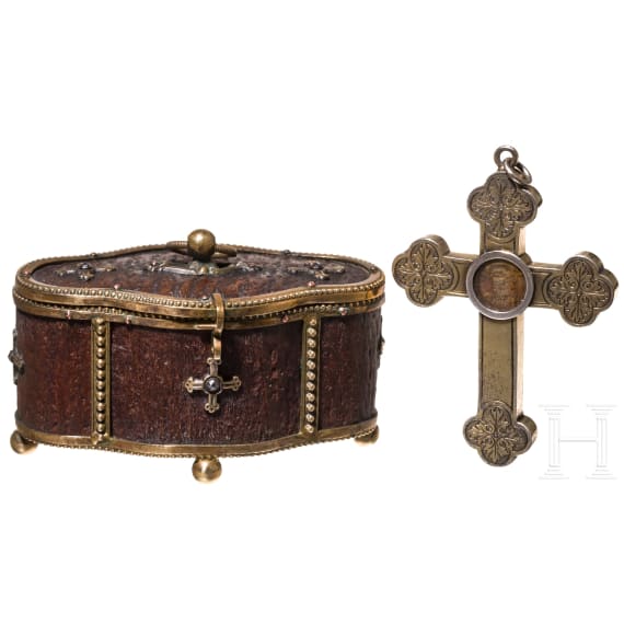 A German silver-gilt reliquary cross and brass-mounted horn box, circa 1800/19th century