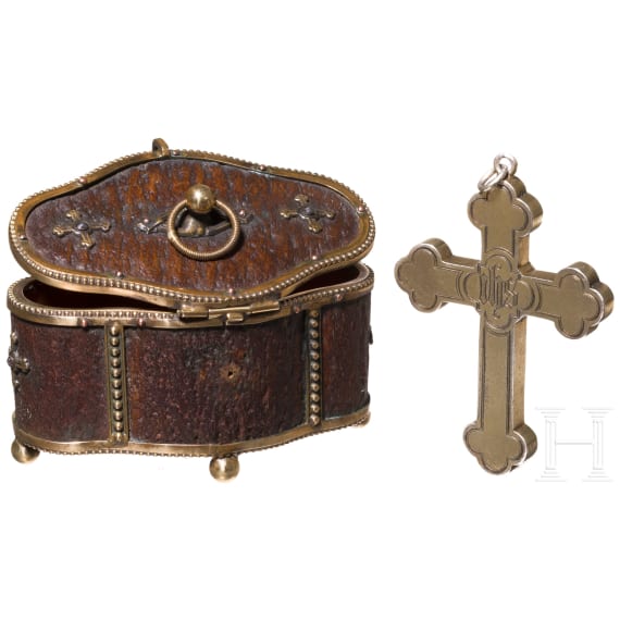A German silver-gilt reliquary cross and brass-mounted horn box, circa 1800/19th century