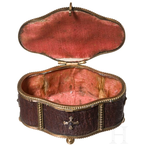 A German silver-gilt reliquary cross and brass-mounted horn box, circa 1800/19th century