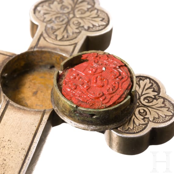 A German silver-gilt reliquary cross and brass-mounted horn box, circa 1800/19th century