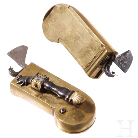 Two German/English coin scales and a scarifier, 18th century