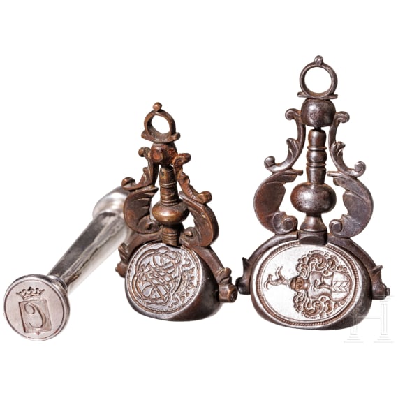 Two German reversible seals and a silver needle case, 1st half of the 18th century