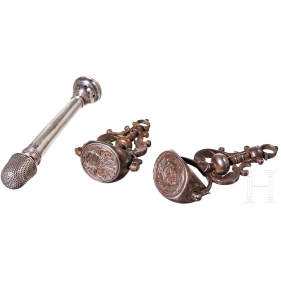 Two German reversible seals and a silver needle case, 1st half of the 18th century