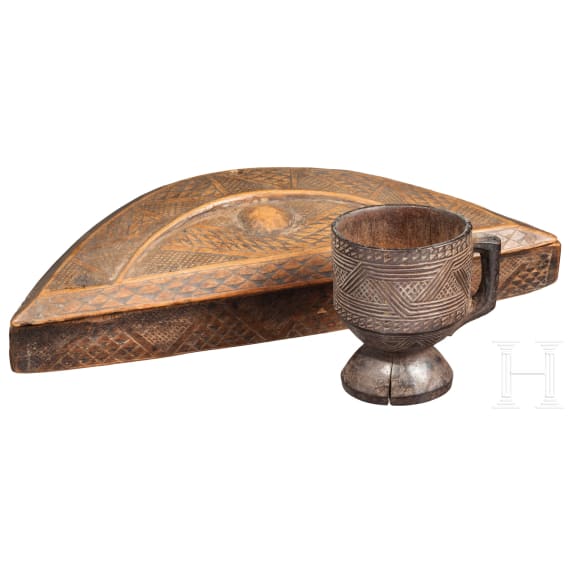 A West African wooden lidded bowl and beaker
