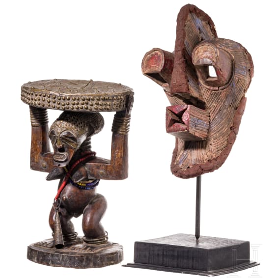 A Congolese caryatid stool and a kifwebe mask of the Songye people