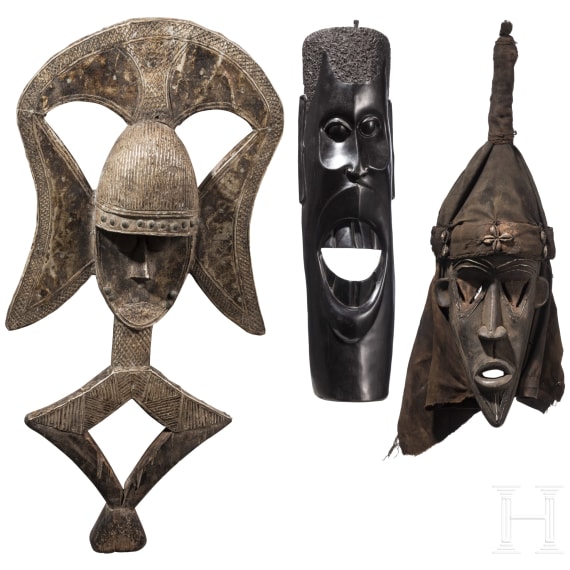 Three Kenyan/Gabonese masks, Maasai/Kota/Chokwe or Dan