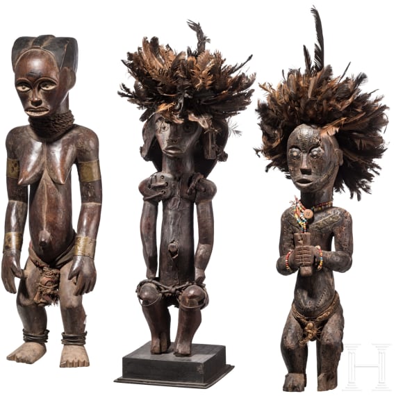 Three Gabonese/Cameroonian wooden Fang figurines