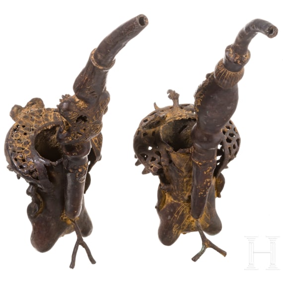 A pair of Cameroonian Bamum pipe-shaped bronzes