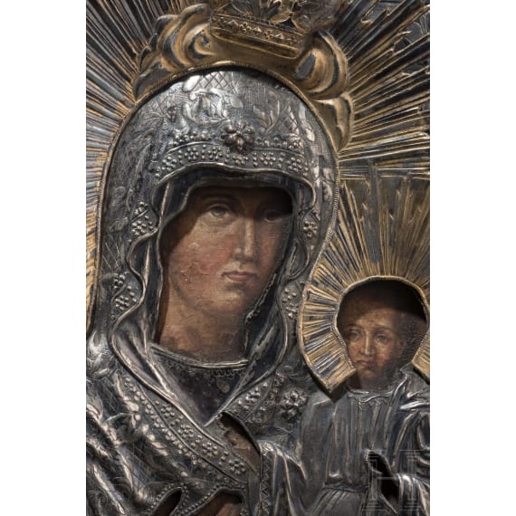 A Russian icon showing the Smolenskaya Mother of God with silver oklad, late 19th century (icon), Kostroma, 1898 (oklad)