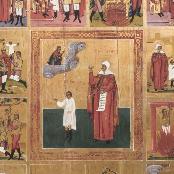 A large Russian icon showing the life of Saint Yulitta and her son Kirik, Vetka, 2nd half of the 19th century