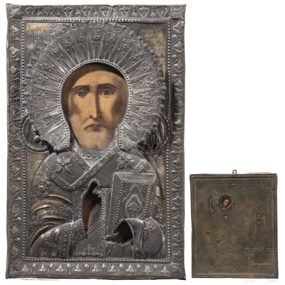 Two Russian icons with oklad - St. Nicholas of Myra and St. George and the dragon, 20th century