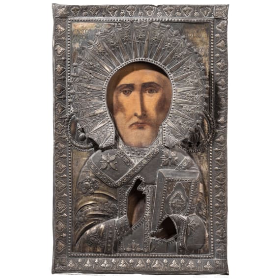 Two Russian icons with oklad - St. Nicholas of Myra and St. George and the dragon, 20th century