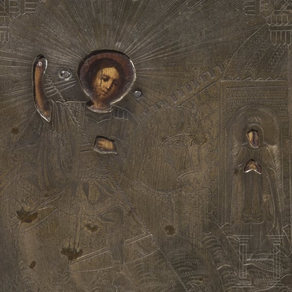 Two Russian icons with oklad - St. Nicholas of Myra and St. George and the dragon, 20th century