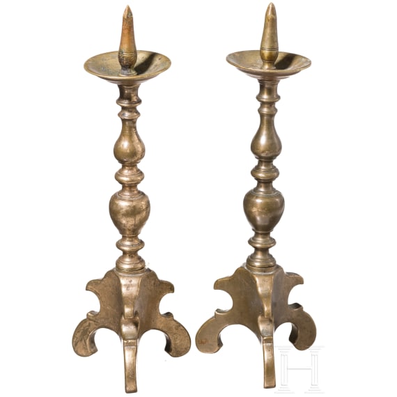 A pair of small German Baroque pricket candlesticks made of brass, circa 1700
