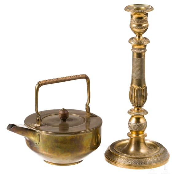 A brass candlestick and an Art Deco tea pot, late 19th century and G&ouml;ppingen, Fischer F.&R. AG, circa 1905