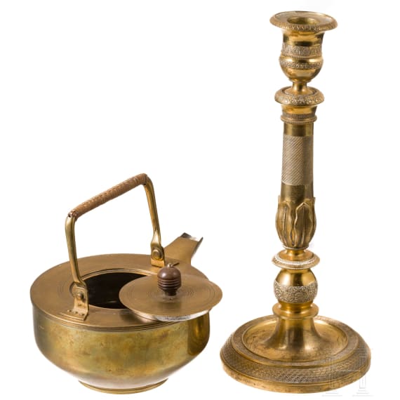A brass candlestick and an Art Deco tea pot, late 19th century and G&ouml;ppingen, Fischer F.&R. AG, circa 1905
