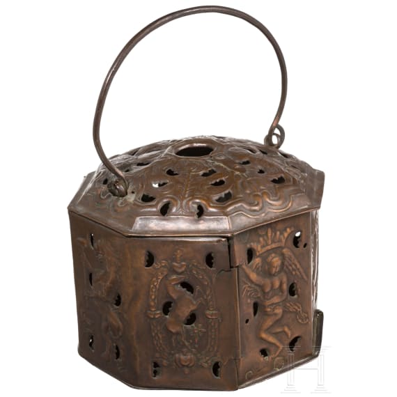 An ornate northern German copper foot warmer, Hannover/Brunswick, circa 1720