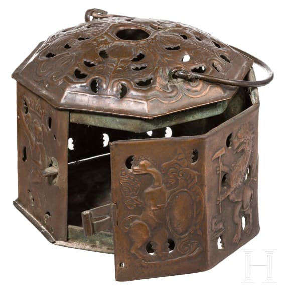 An ornate northern German copper foot warmer, Hannover/Brunswick, circa 1720