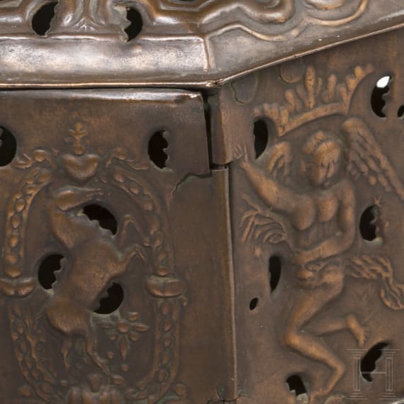 An ornate northern German copper foot warmer, Hannover/Brunswick, circa 1720