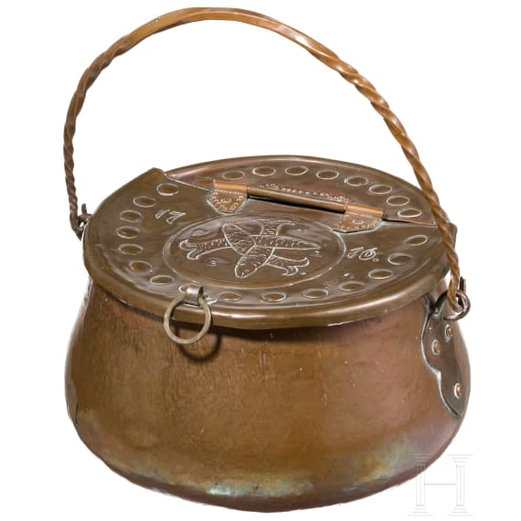 A copper bucket for fish, Nuremberg, dated 1716
