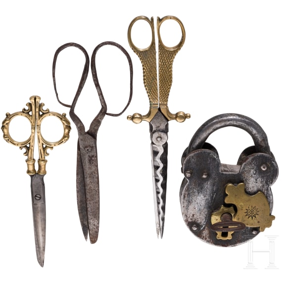Three German and French pairs of scissors and a lock, 18th - 19th century