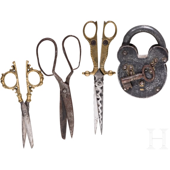 Three German and French pairs of scissors and a lock, 18th - 19th century