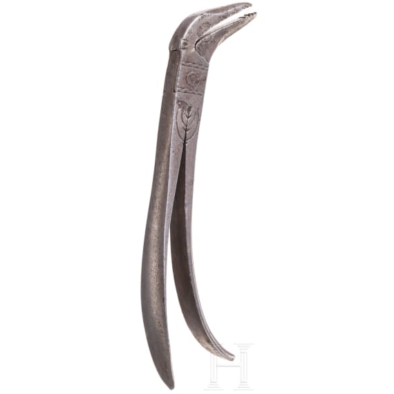 A pair of German engraved iron dental tongs, circa 1800